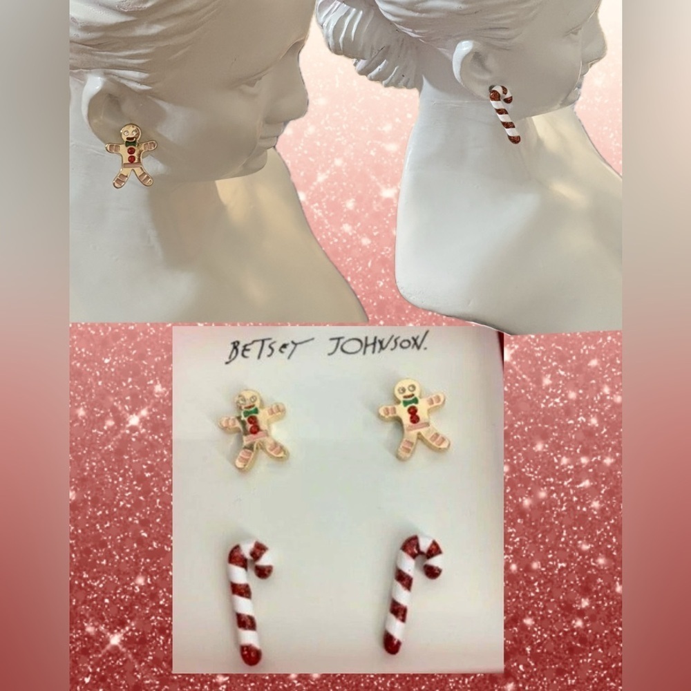 Betsey Johnson Holiday Gingerbread Man Pave Accent &Candy Cane Earrings-2 Pc Set